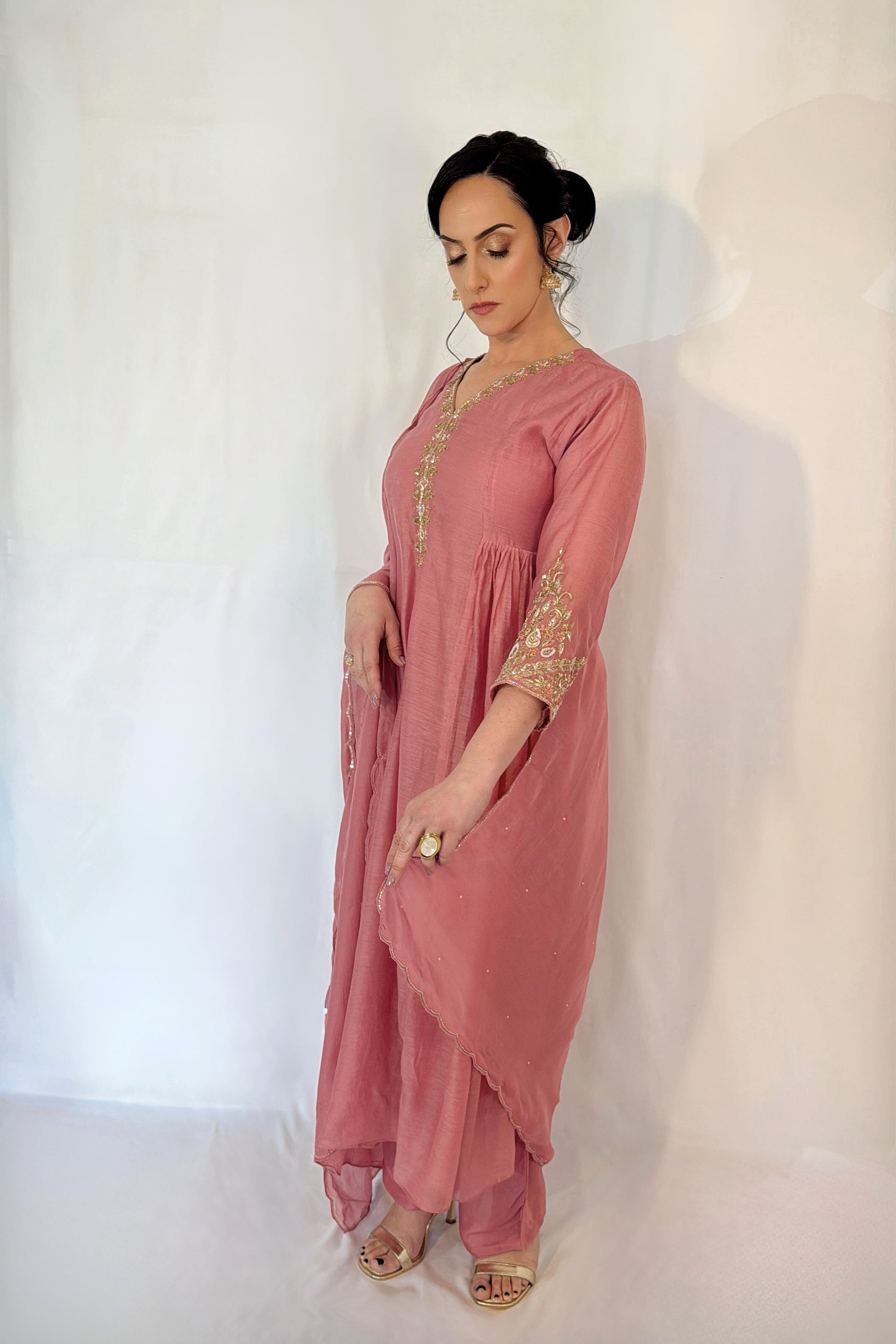 ALIA Pink Mul Chanderi Embroidered Anarkali Suit side 