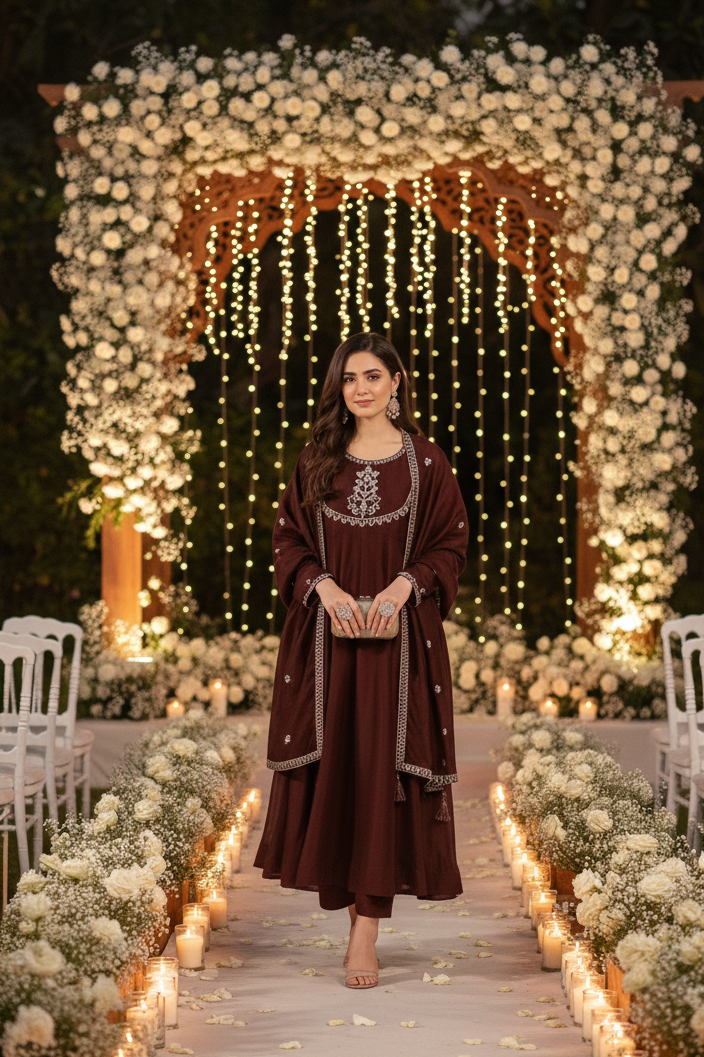 AMIRA  Coffee Floral Embroidered Anarkali Suit Set