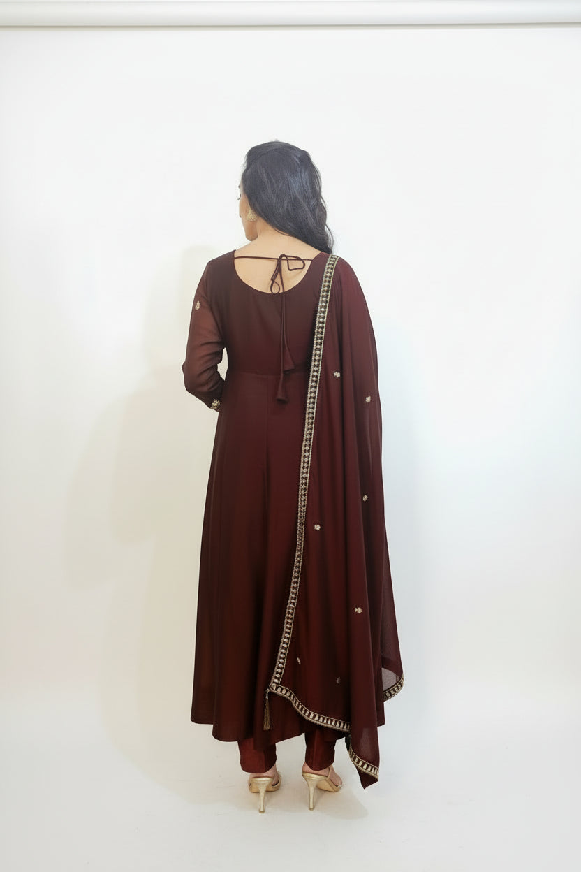 AMIRA  Coffee Floral Embroidered Anarkali Suit Set Back