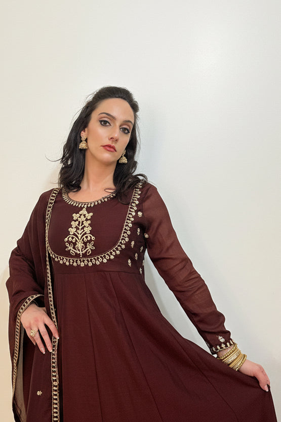 AMIRA  Coffee Floral Embroidered Anarkali Suit Set Close