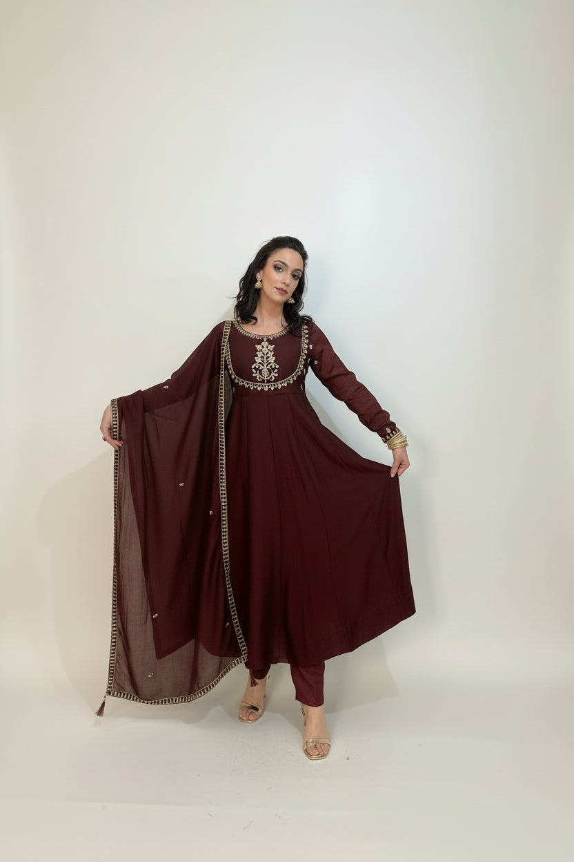 AMIRA  Coffee Floral Embroidered Anarkali Suit Set Front