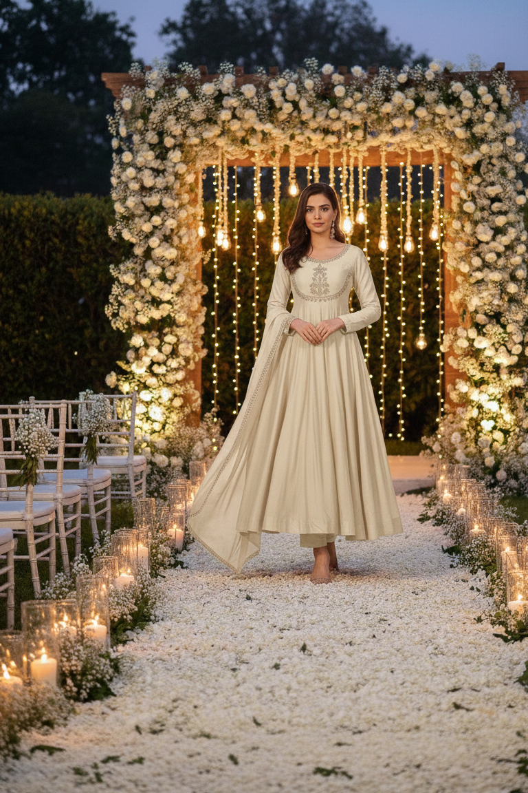 AMIRA Cream  Floral Embroidered Anarkali Suit Set