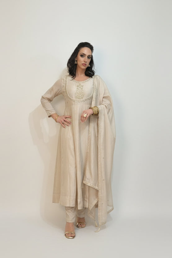 AMIRA Cream  Floral Embroidered Anarkali Suit Set Front