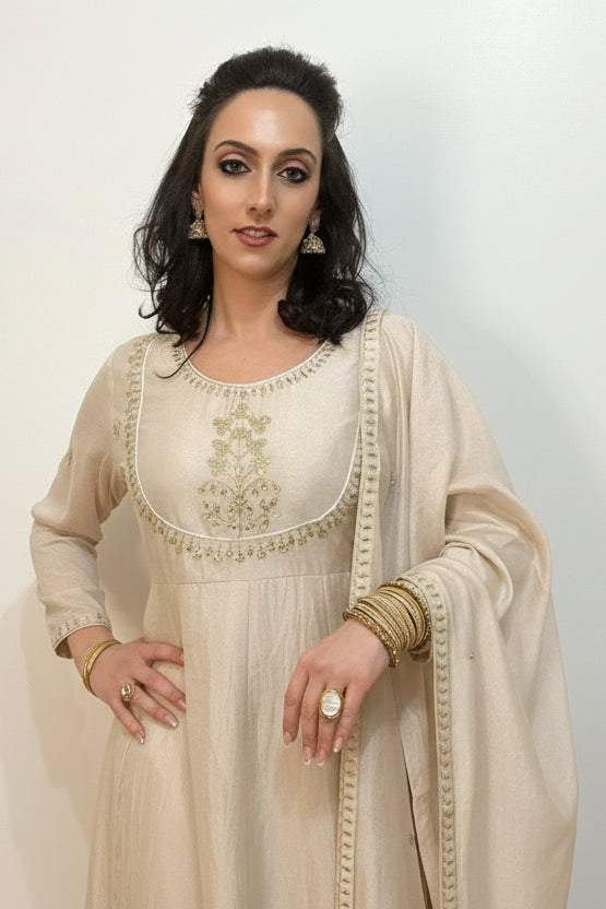 AMIRA Cream  Floral Embroidered Anarkali Suit Set Front Close