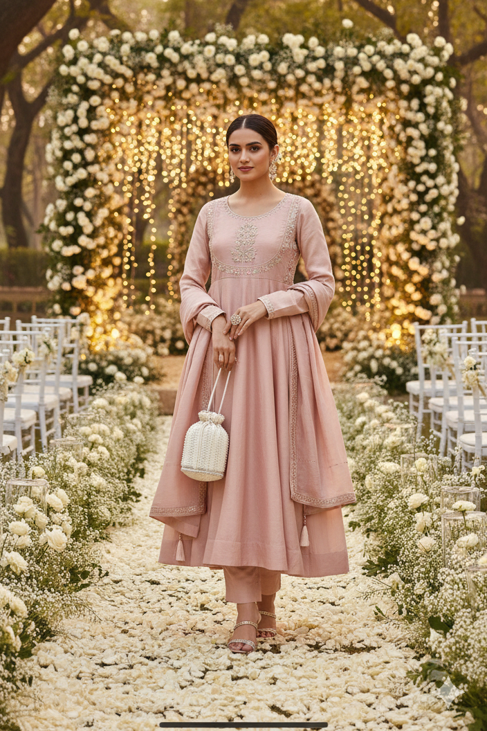 AMIRA   Pink Blush Floral Embroidered Anarkali Suit Set