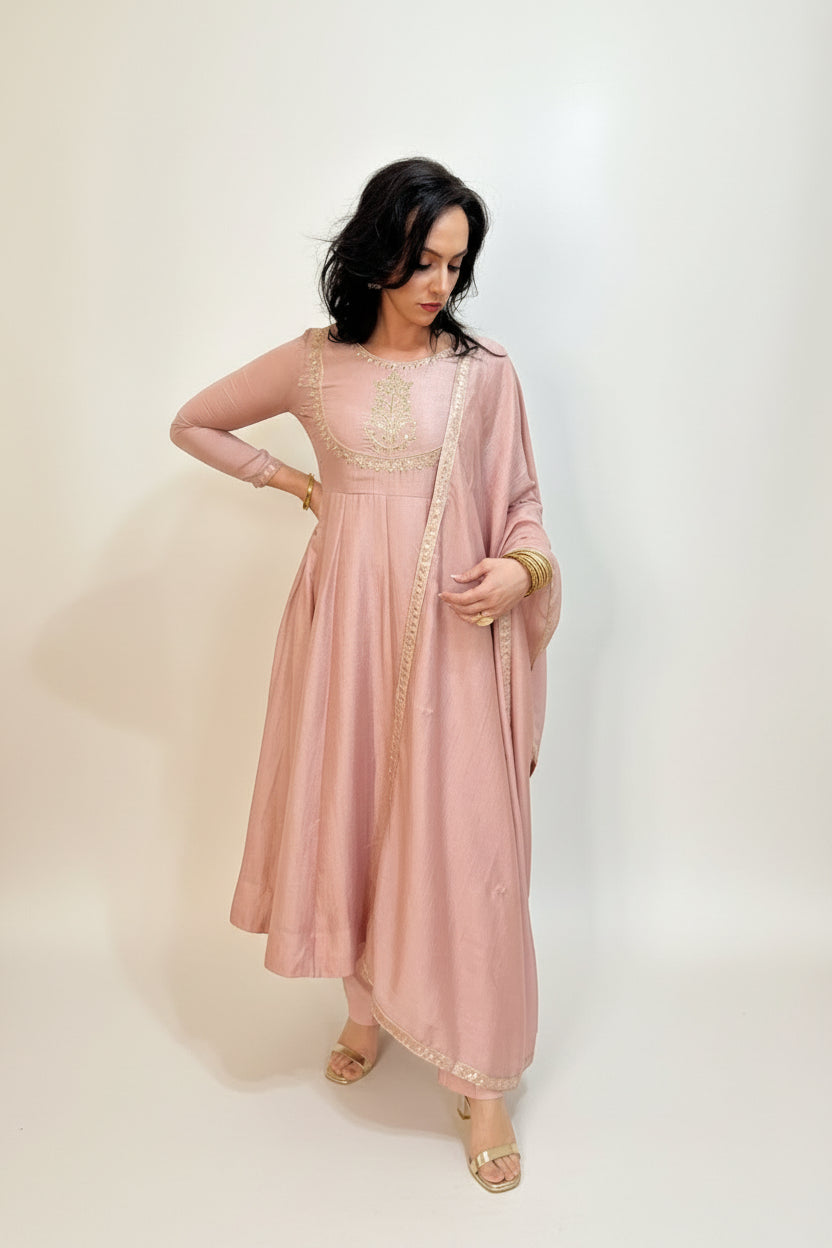 AMIRA   Pink Blush Floral Embroidered Anarkali Suit Set Front 1