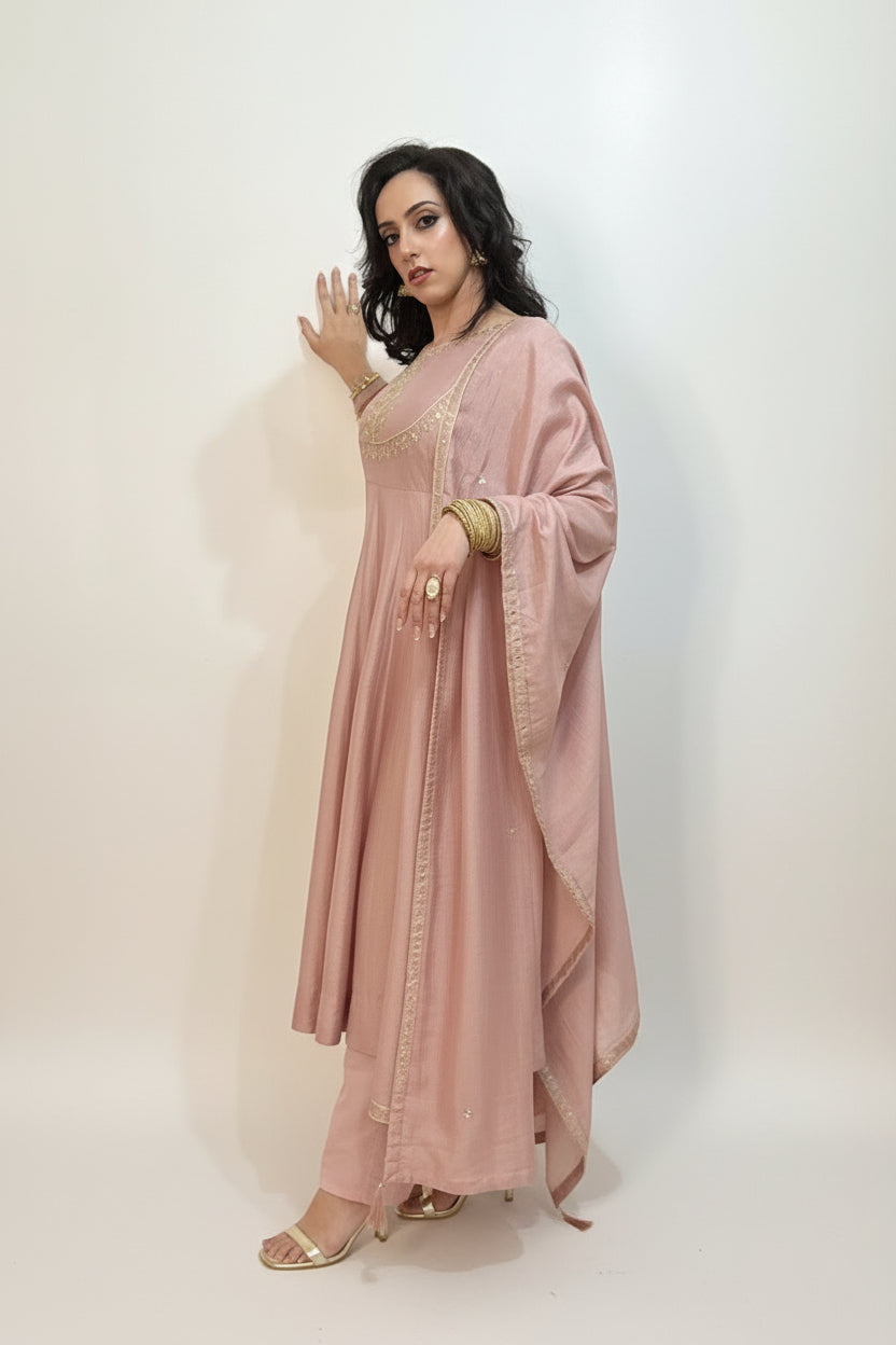 AMIRA   Pink Blush Floral Embroidered Anarkali Suit Set Side