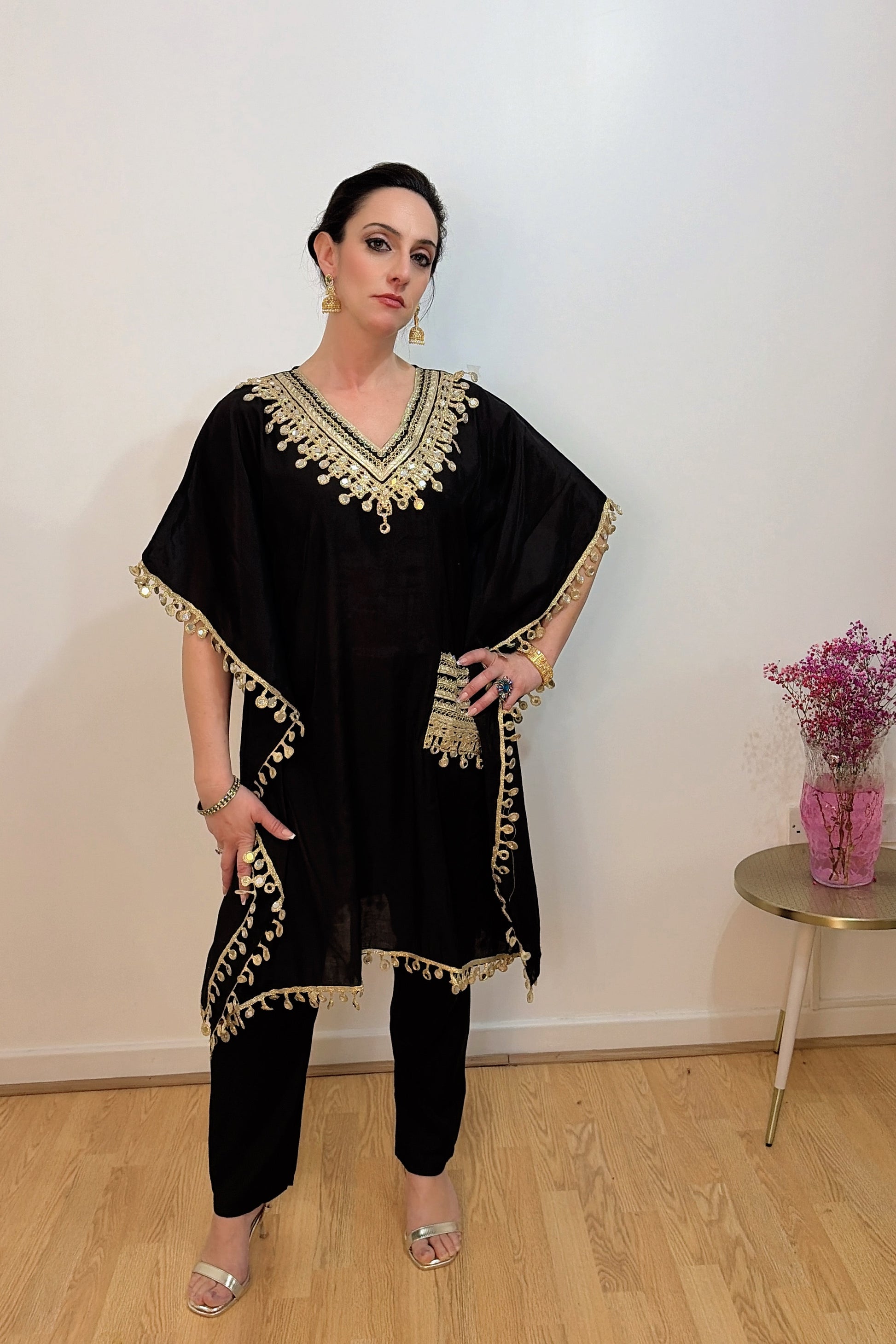 AVIRA Black Embroidered Kaftan Kurta Trousers Set