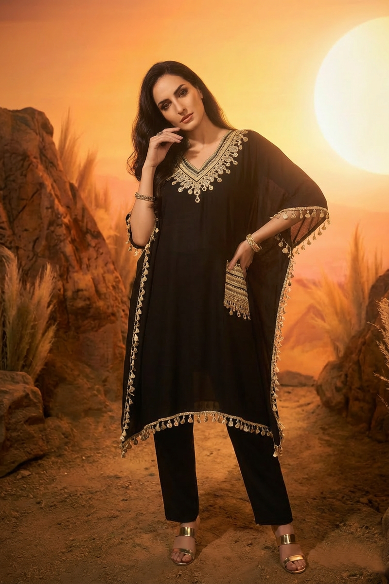 AVIRA Black Embroidered Kaftan Kurta Trousers Set AI 