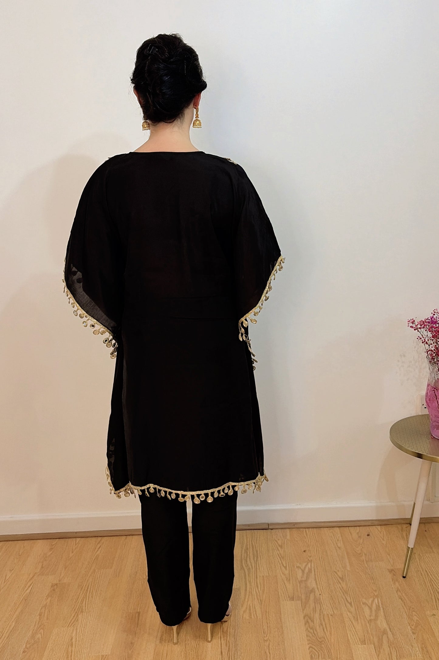 AVIRA Black Embroidered Kaftan Kurta Trousers Set back  view 