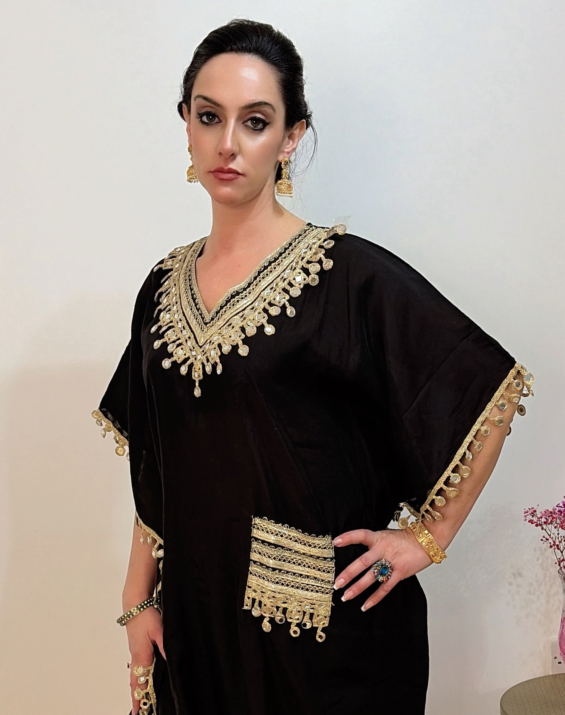 AVIRA Black Embroidered Kaftan Kurta Trousers Set close up 