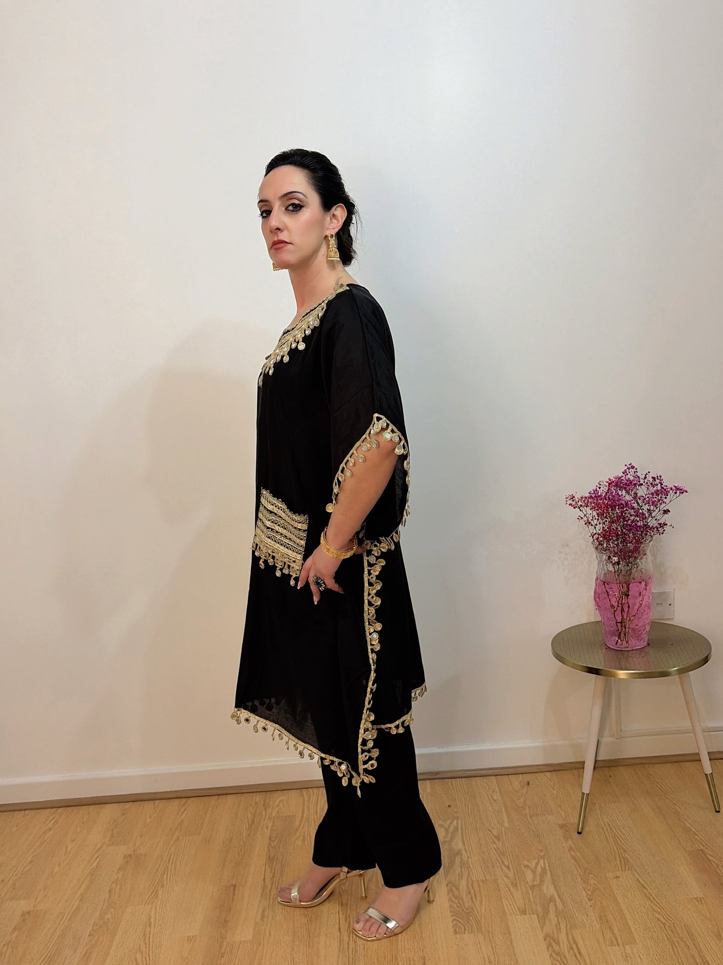 AVIRA Black Embroidered Kaftan Kurta Trousers Set side view 