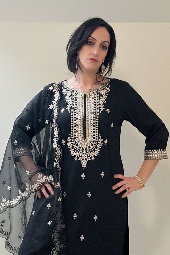 AVIRA Black Ethnic Motifs Embroidered Kaftan Kurta Trousers Set Front Close Up