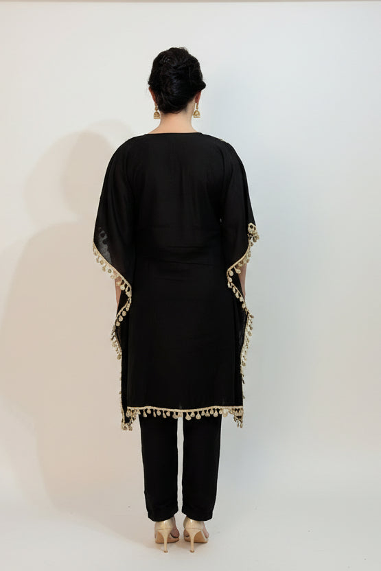 AVIRA Black Ethnic Motifs Embroidered Kaftan Kurta Trousers Set Back
