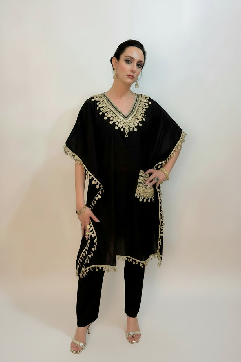 AVIRA Black Ethnic Motifs Embroidered Kaftan Kurta Trousers Set Front