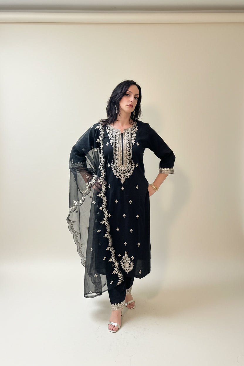 AVIRA Black Ethnic Motifs Embroidered Kaftan Kurta Trousers Set Front 1