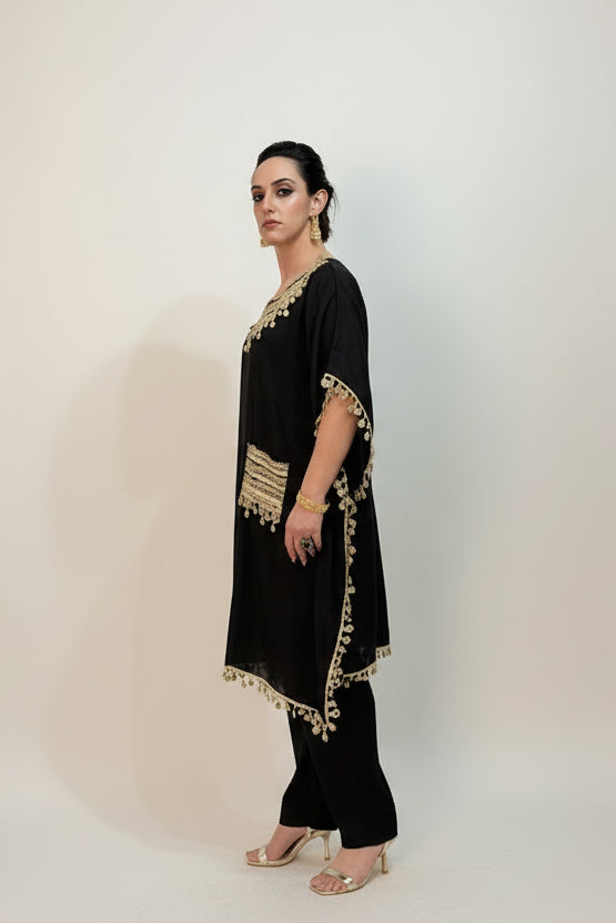 AVIRA Black Ethnic Motifs Embroidered Kaftan Kurta Trousers Set Side