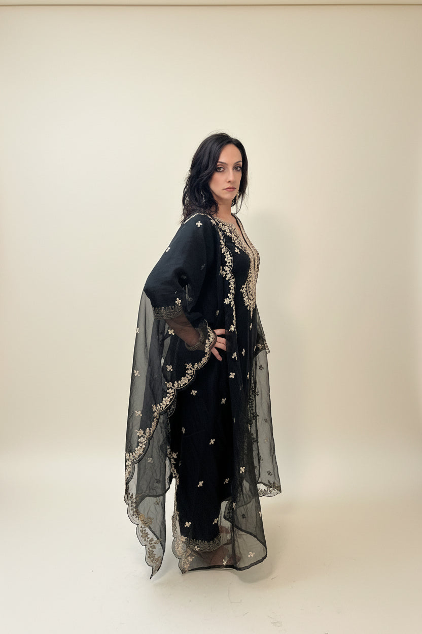 AVIRA Black Ethnic Motifs Embroidered Kaftan Kurta Trousers Set Side1