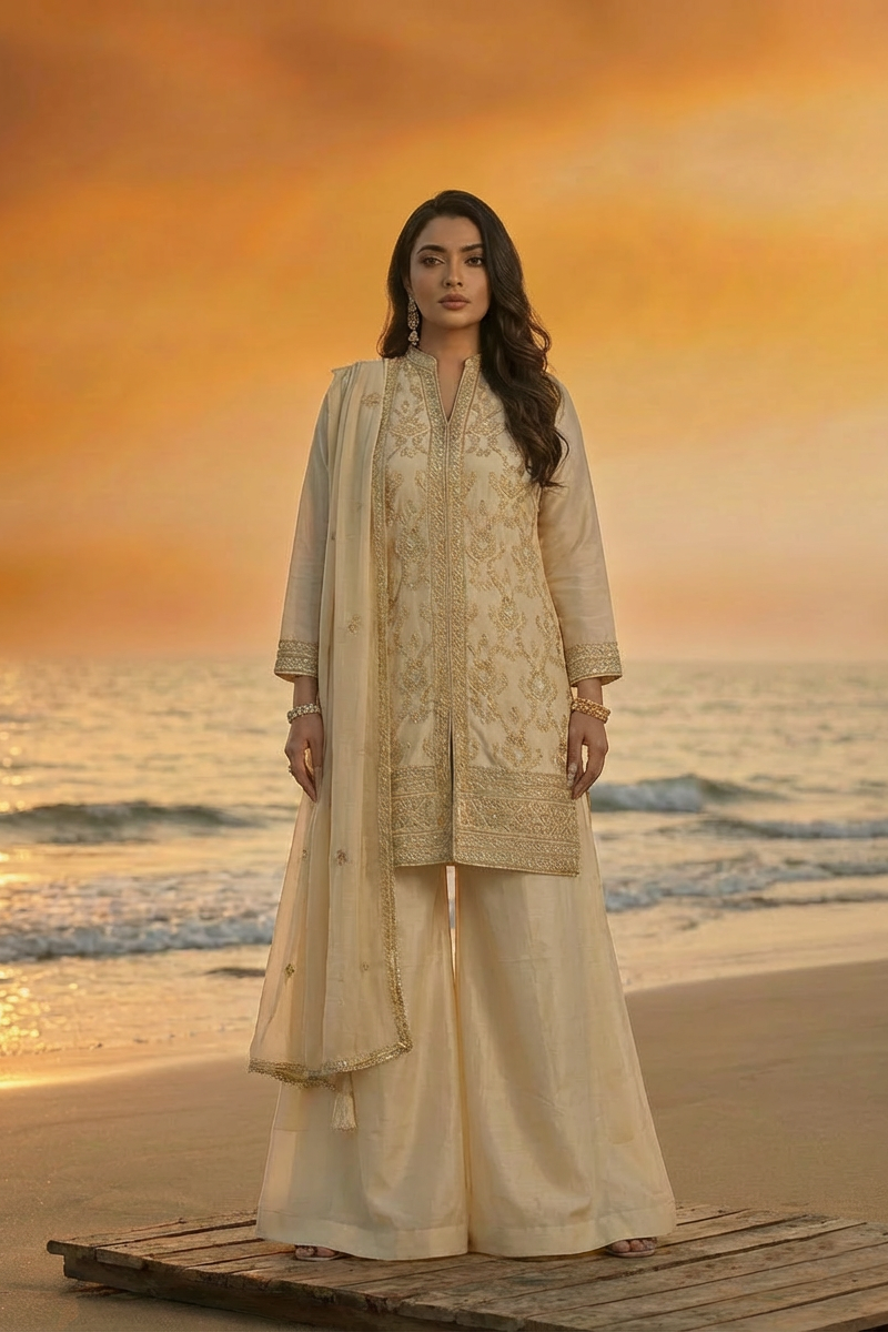 AYESHA  Luxury Cream and Gold Embellished Ethnic Set FRONT 