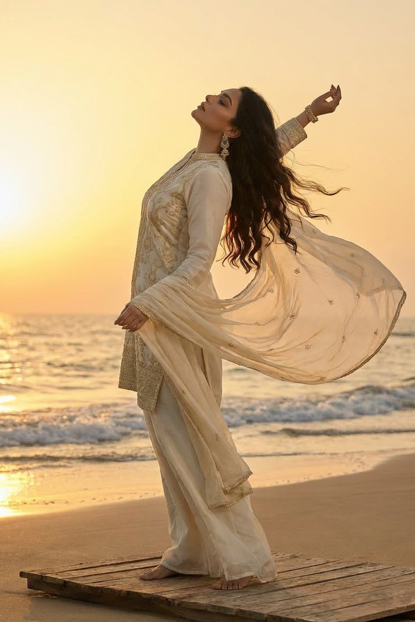 AYESHA  Luxury Cream and Gold Embellished Ethnic Set SIDE 