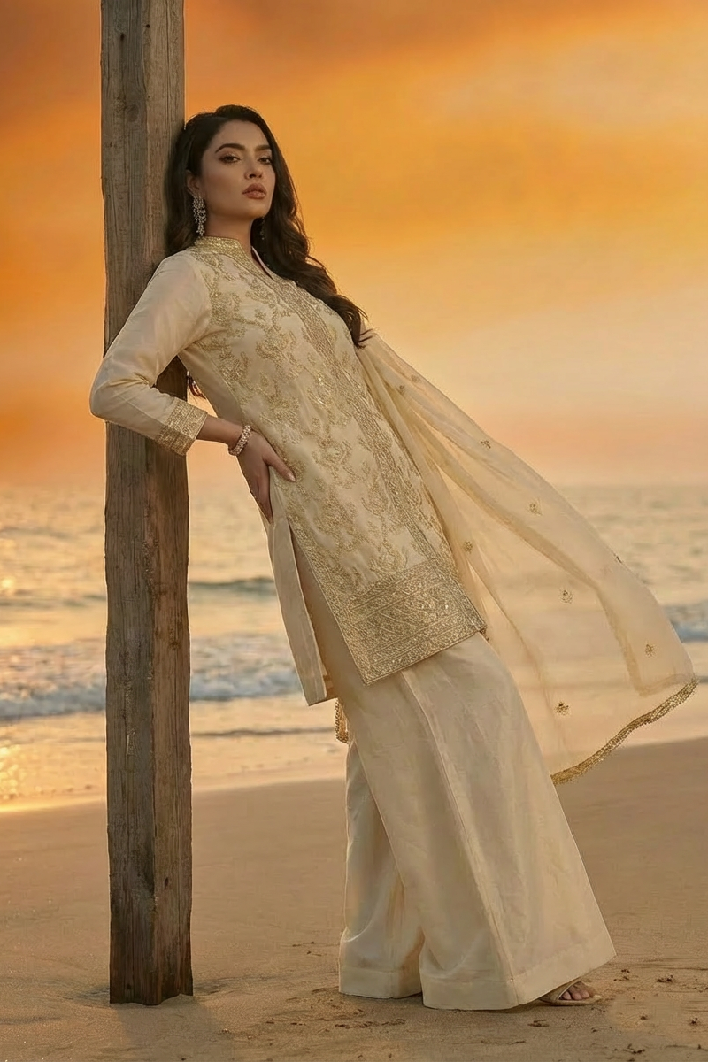 AYESHA  Luxury Cream and Gold Embellished Ethnic Set TILT SIDE 