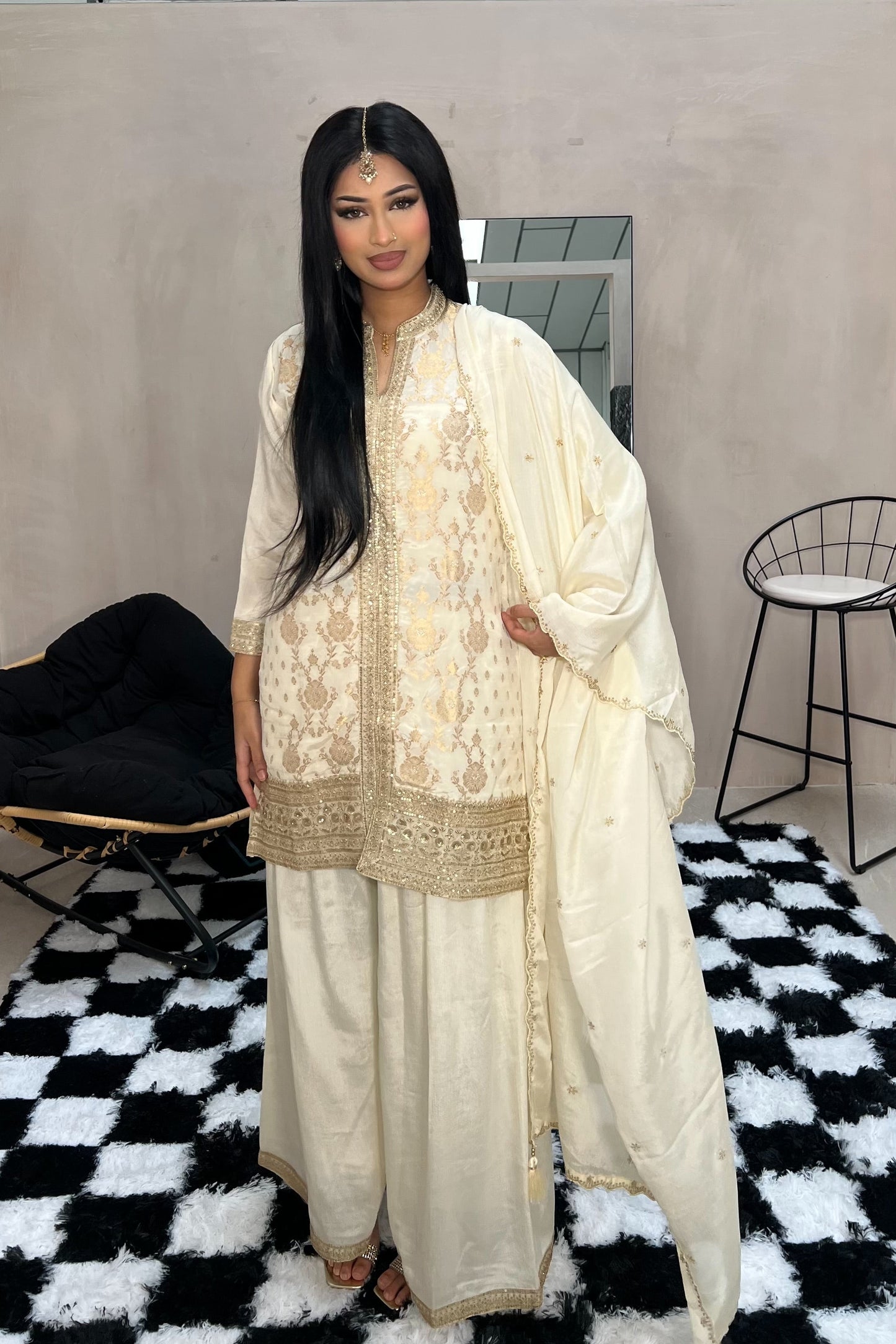 AYESHA  Luxury Cream and Gold Embellished Ethnic Set front  palazzo 