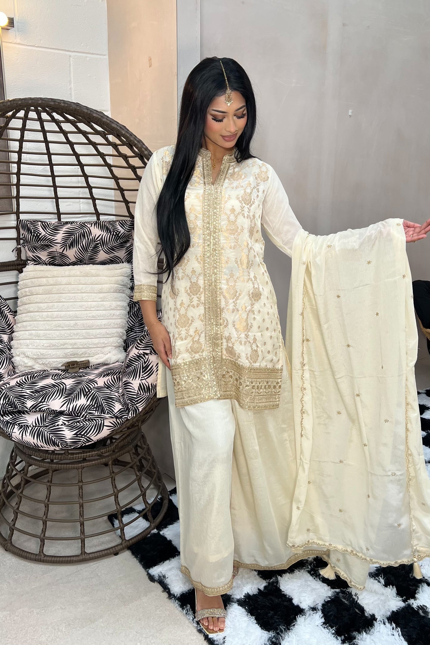 AYESHA  Luxury Cream and Gold Embellished Ethnic Set front  palazzo SIDE DUPATTA 