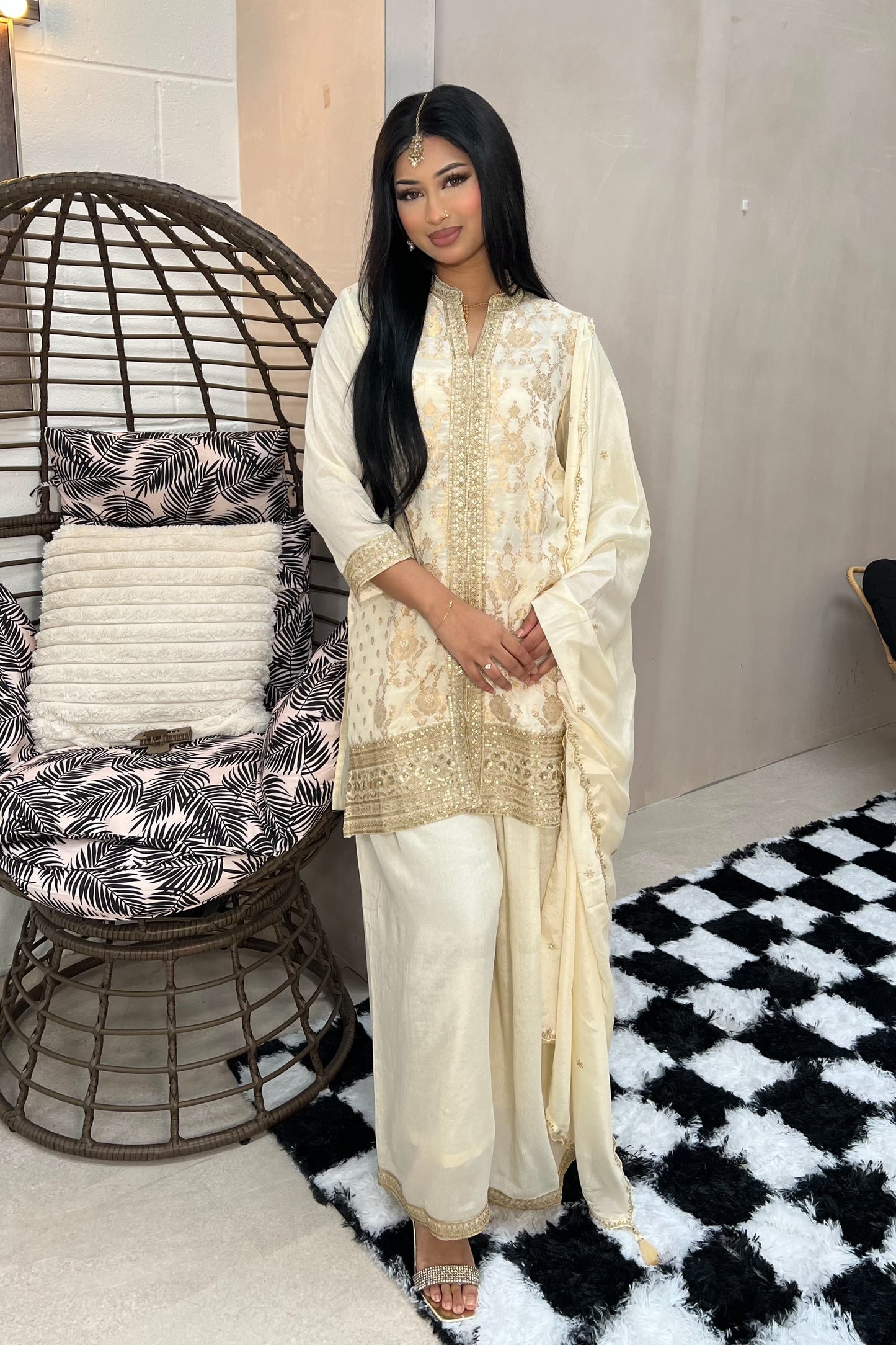 AYESHA  Luxury Cream and Gold Embellished Ethnic Set front  palazzo SIDE FRONT 