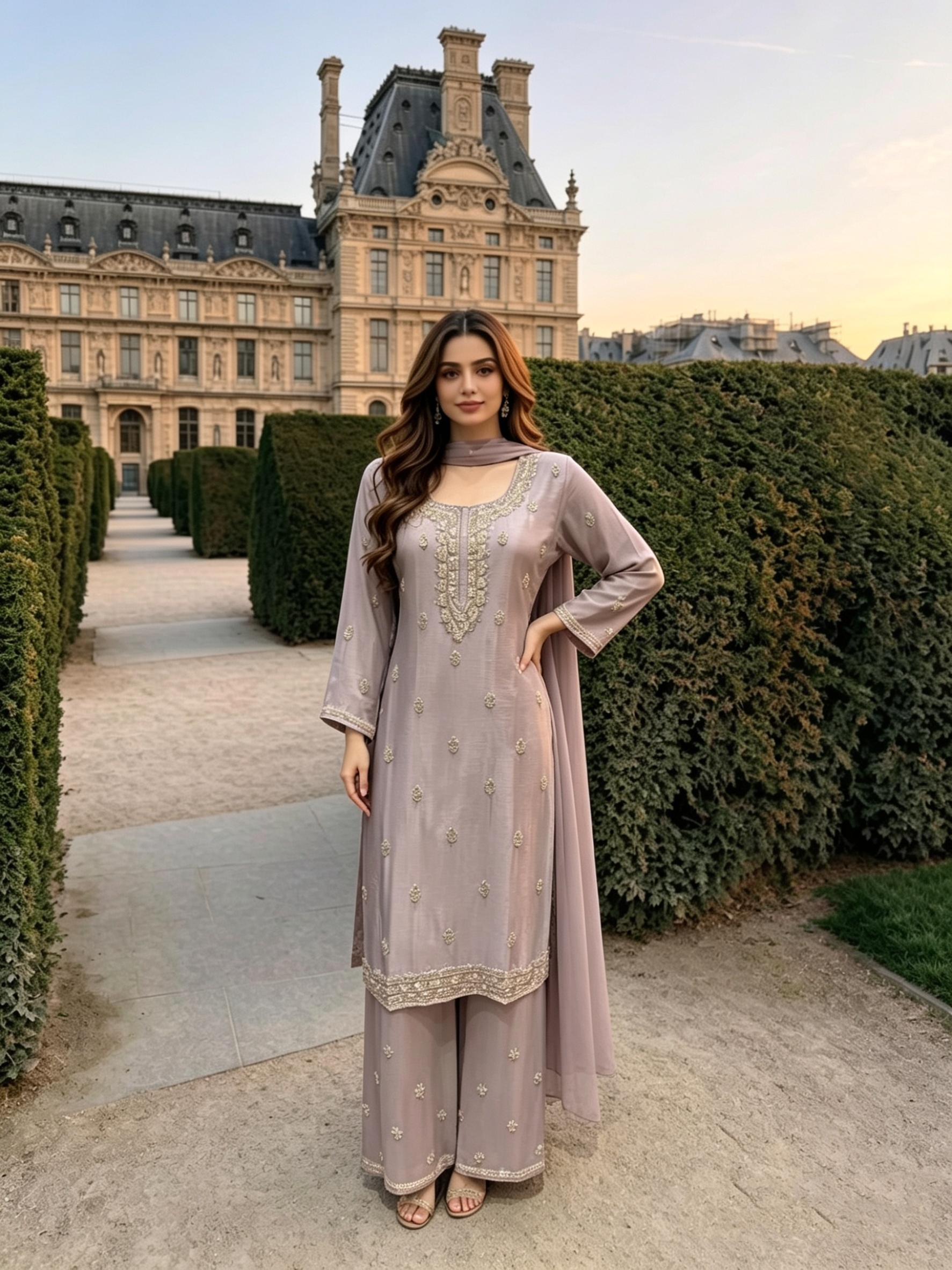le Dusty Lilac Silk Blend Embroidered Kurta Palazzo Set AI images 
