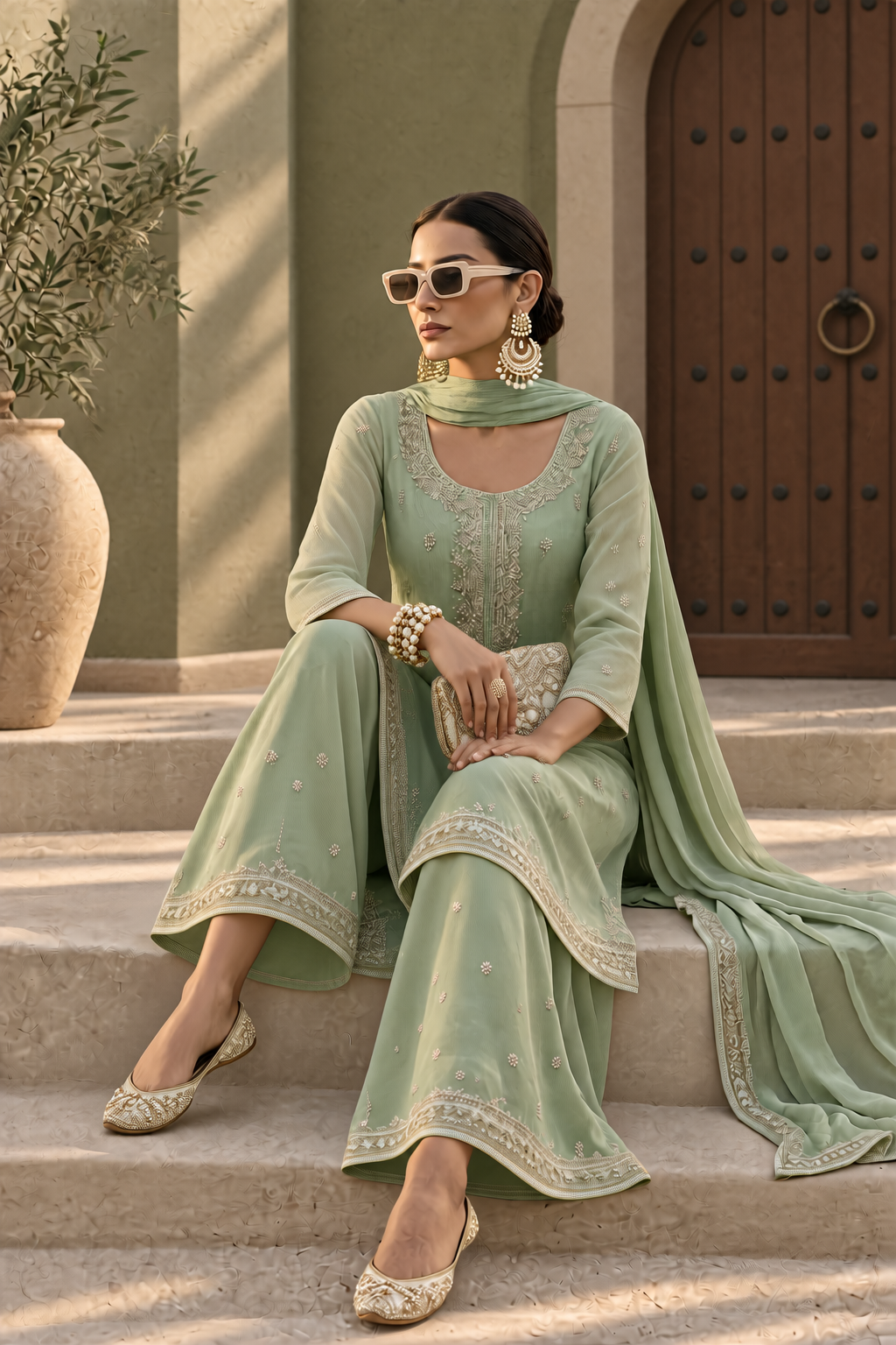 Amele Green Silk Blend Embroidered Kurta Palazzo Set