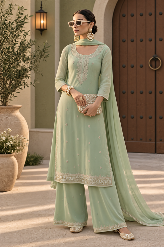 Amele Green Silk Blend Embroidered Kurta Palazzo Set