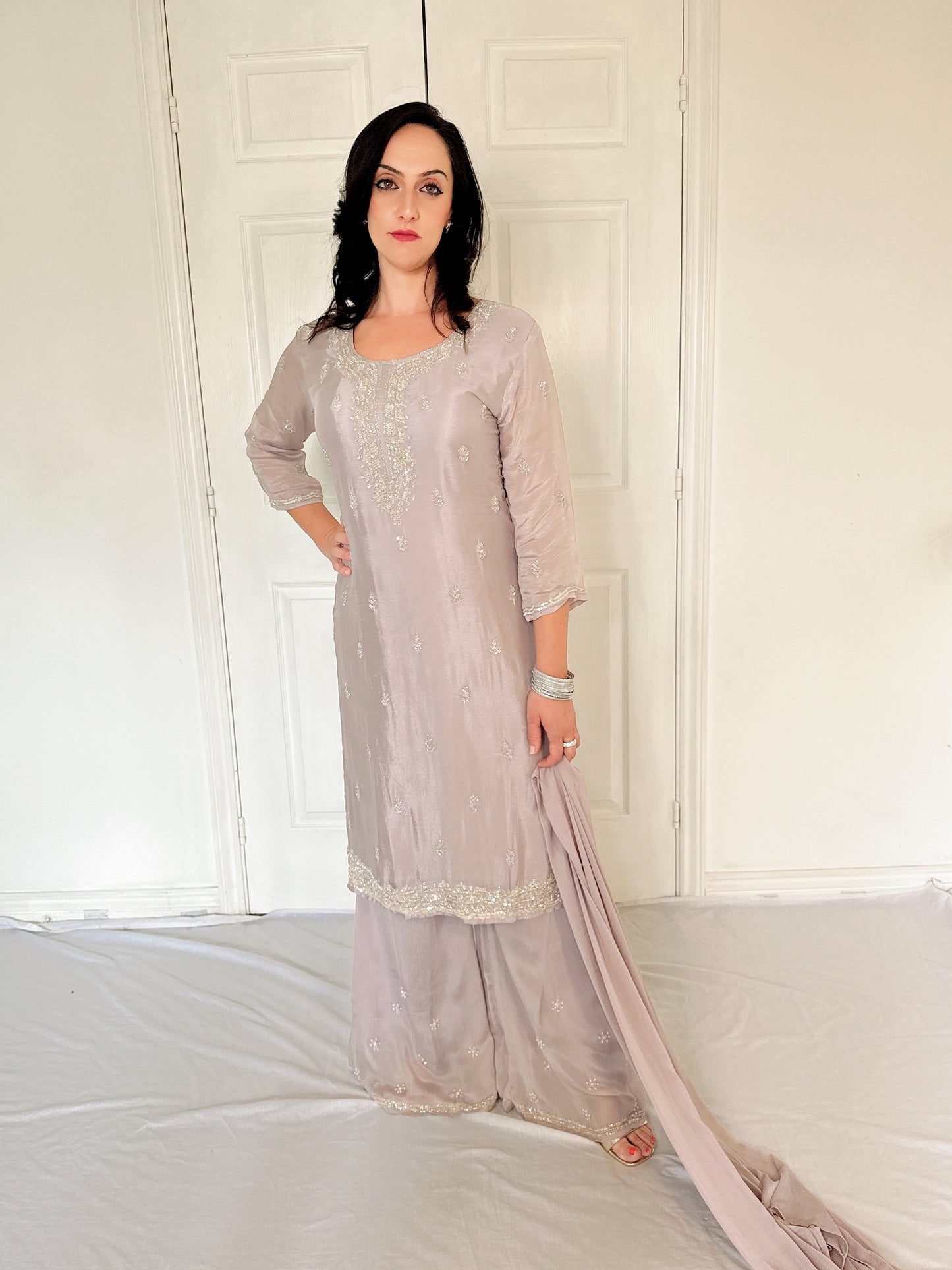 Amele Dusty Lilac Silk Blend Embroidered Kurta Palazzo Set