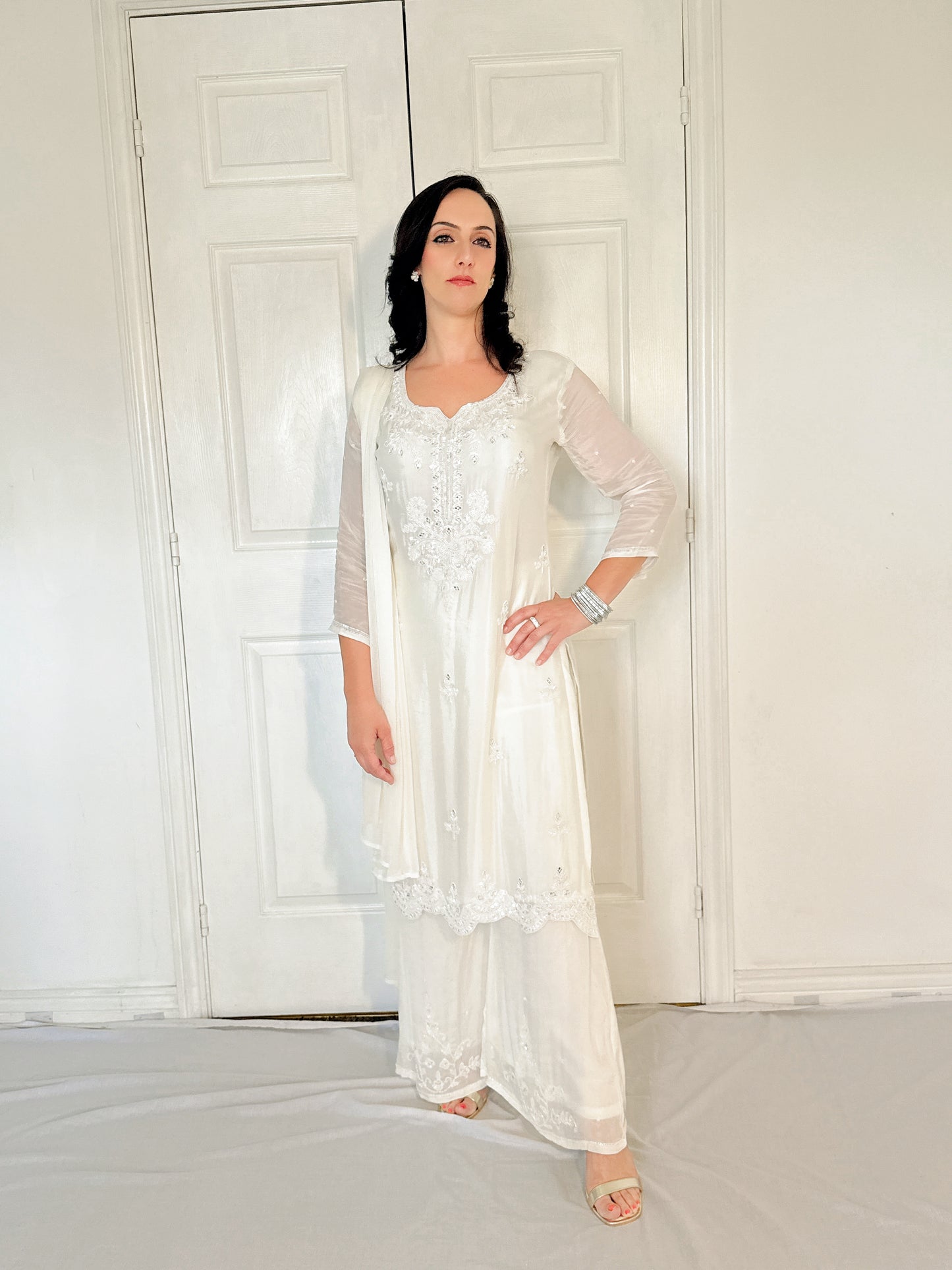 Sheeba White Silk Blend Embroidered Kurta Palazzo Set