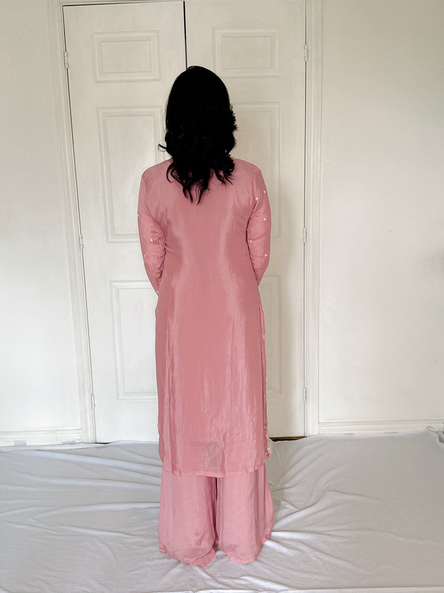 Tara Blush Pink Silk Blend Embroidered Kurta Palazzo Set