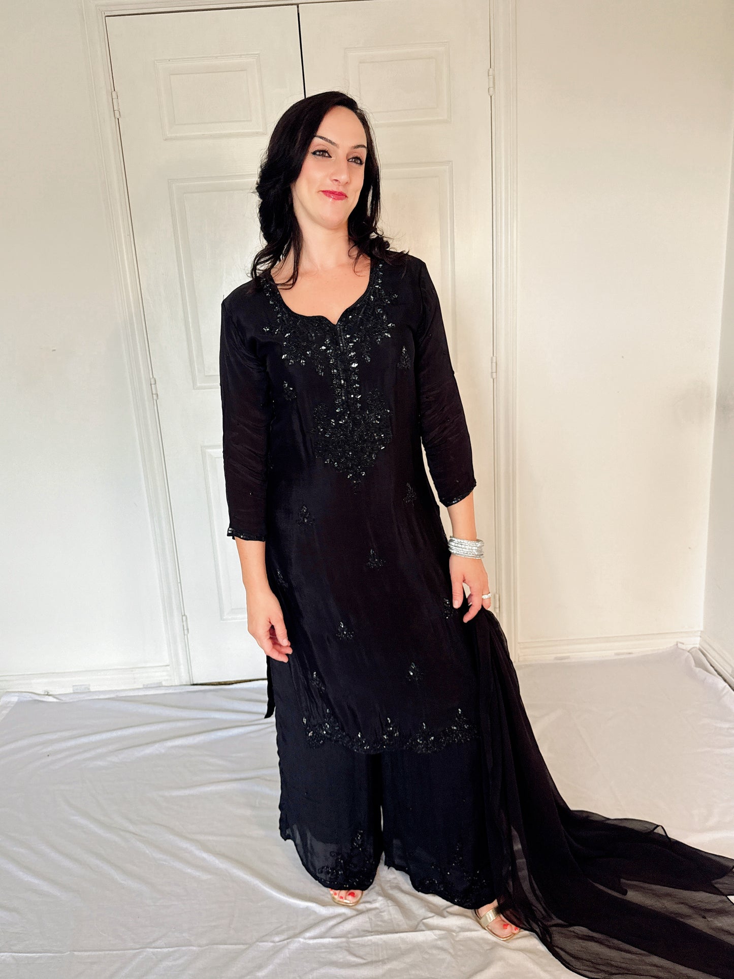 Sheeba  Black  Silk Blend Embroidered Kurta Palazzo Set