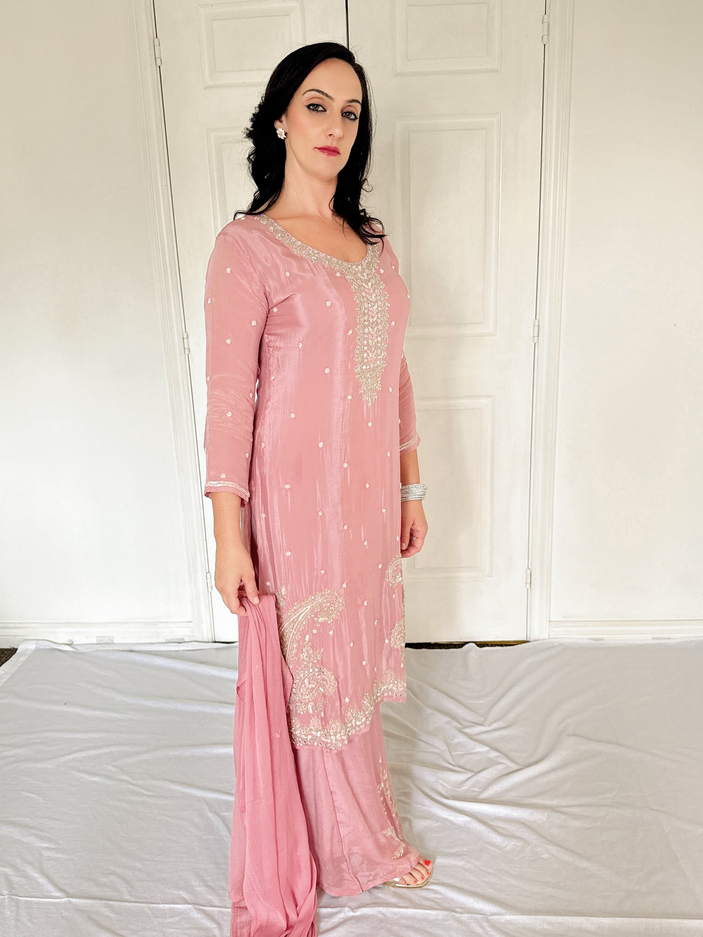 Tara Blush Pink Silk Blend Embroidered Kurta Palazzo Set
