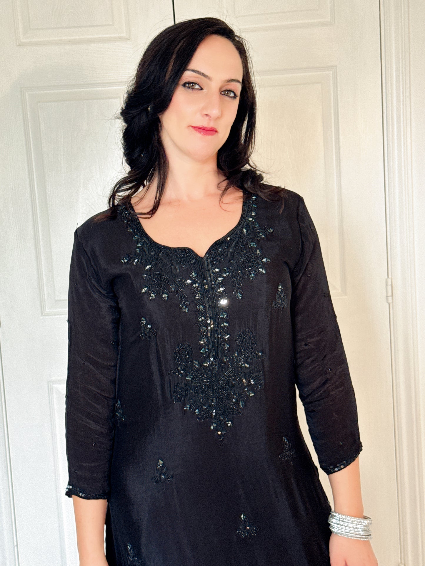 Sheeba  Black  Silk Blend Embroidered Kurta Palazzo Set