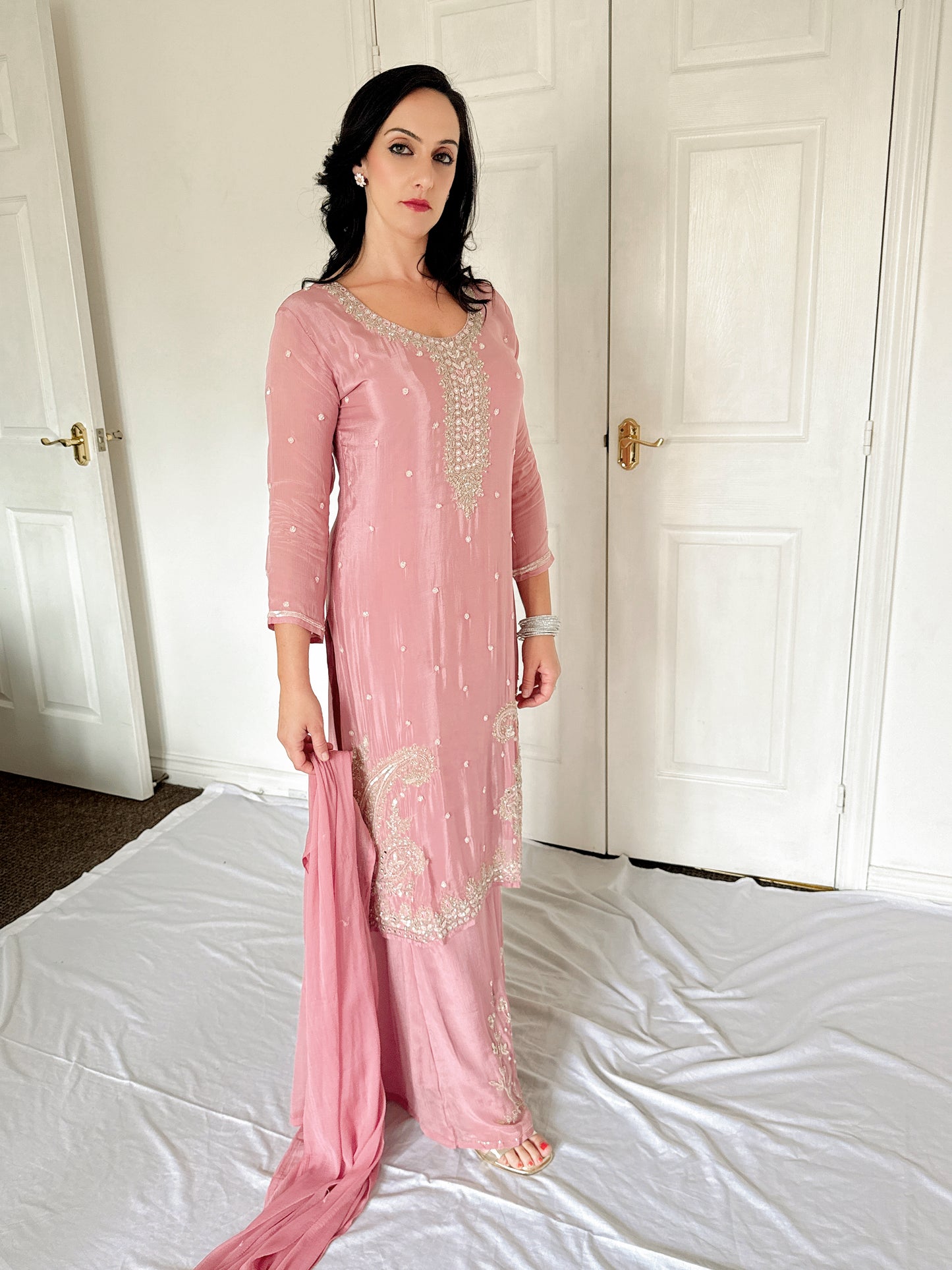 Tara Blush Pink Silk Blend Embroidered Kurta Palazzo Set