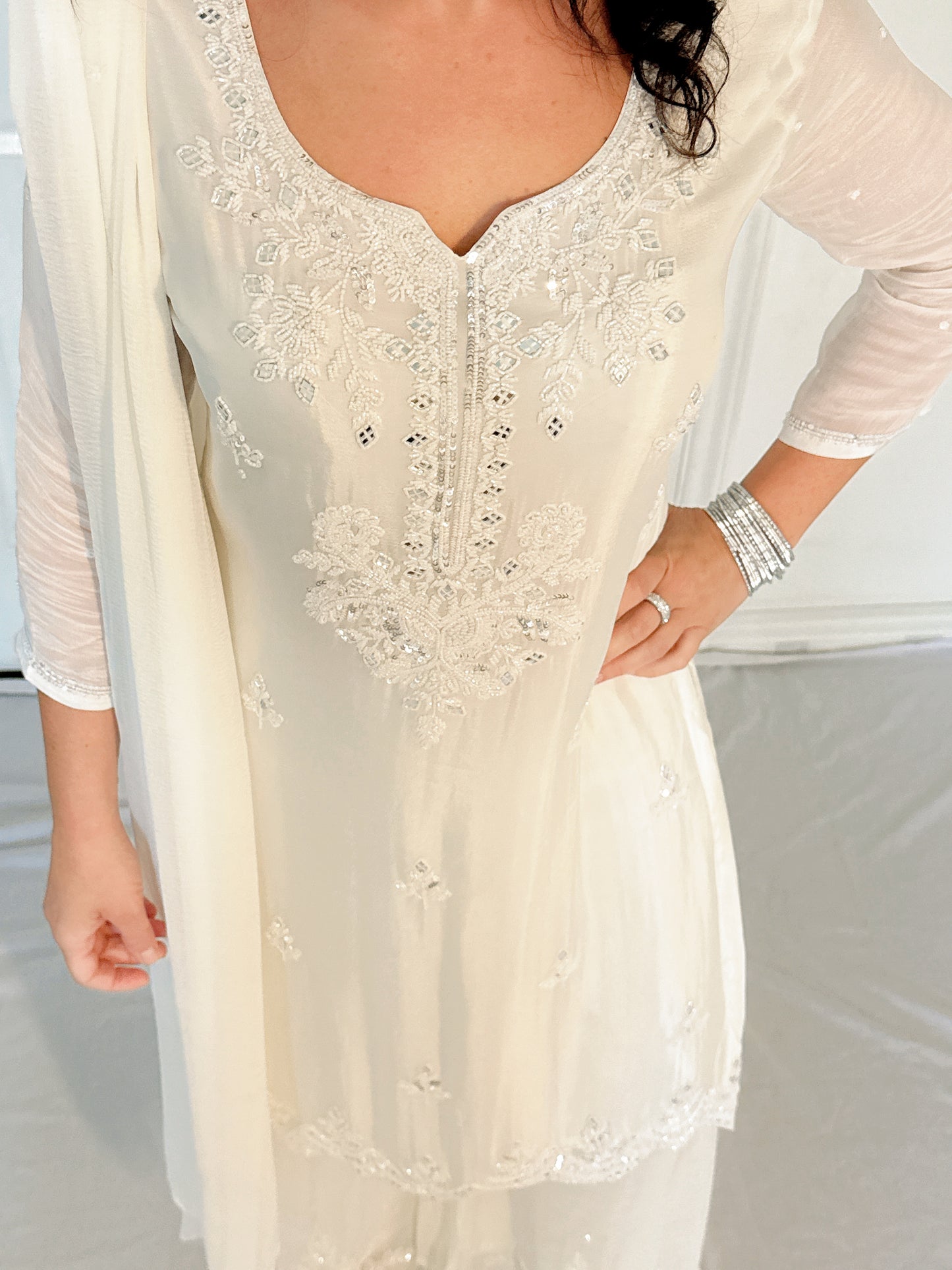 Sheeba White Silk Blend Embroidered Kurta Palazzo Set