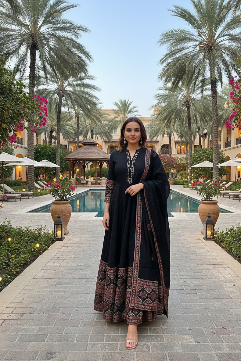 AASMA Black Ethnic Flare Anarkali Dress with Dupatta