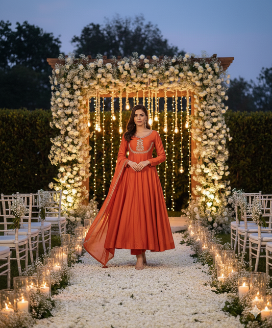 AMIRA – Rust Floral Embroidered Anarkali Suit Set