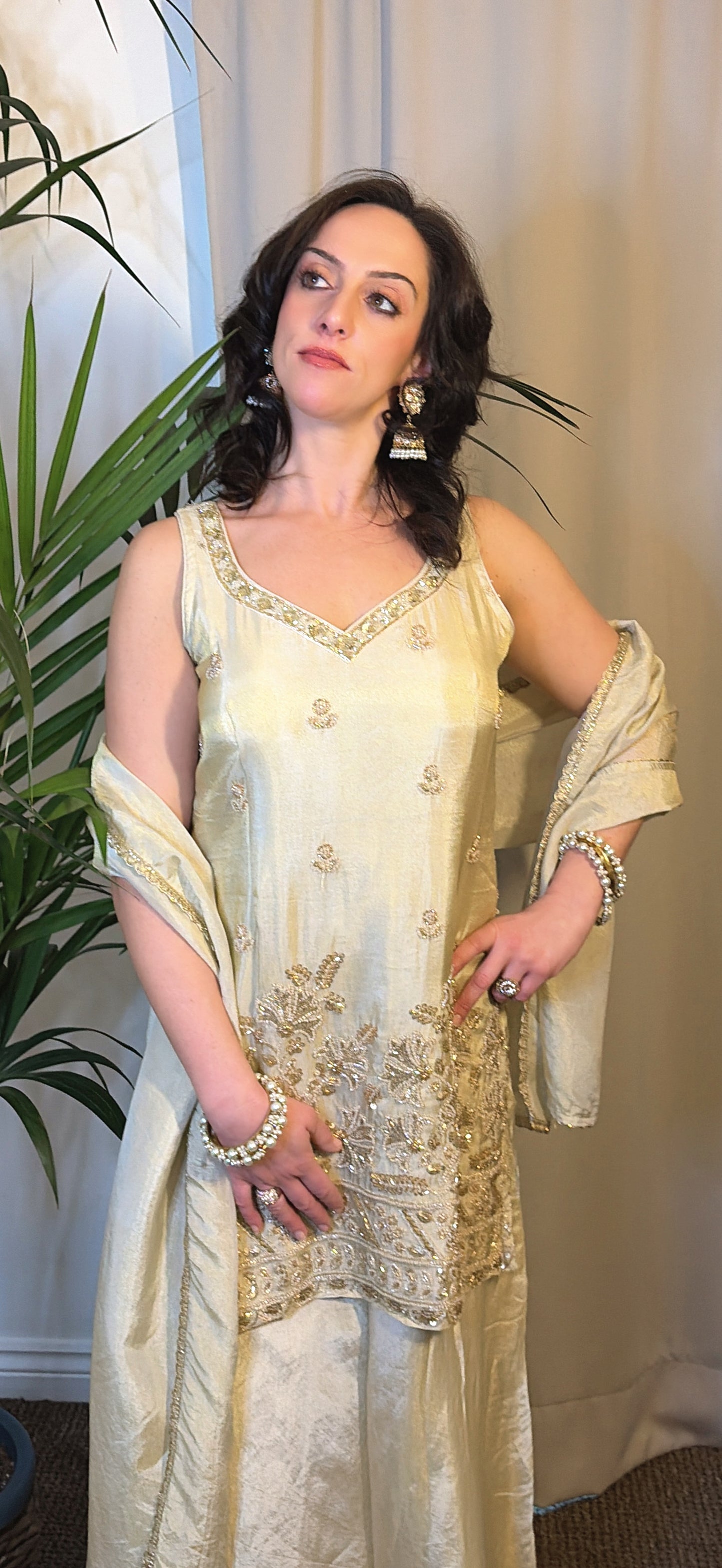 Vera Champagne Gold Embroidered Three-Piece Set