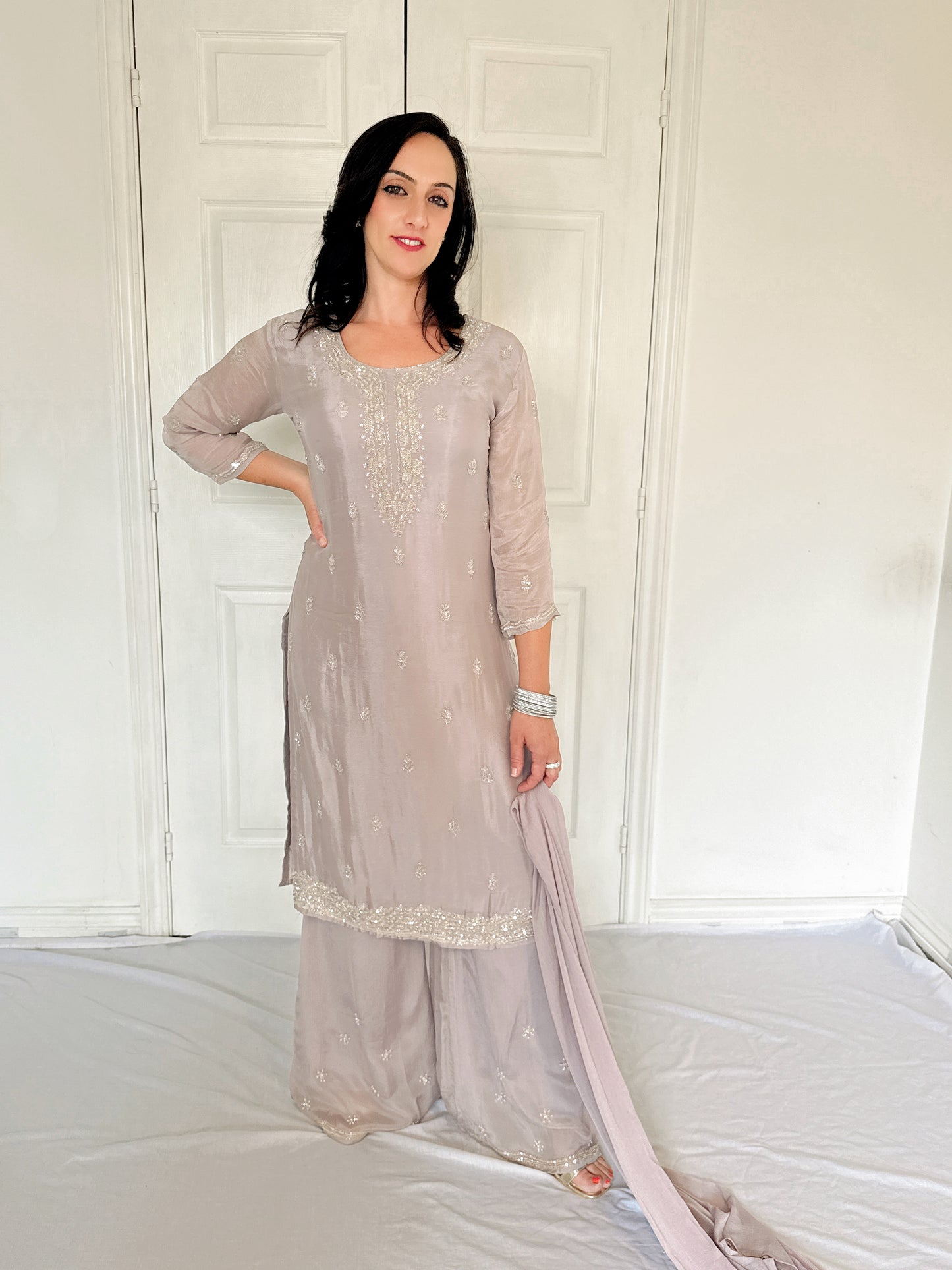 Amele Dusty Lilac Silk Blend Embroidered Kurta Palazzo Set