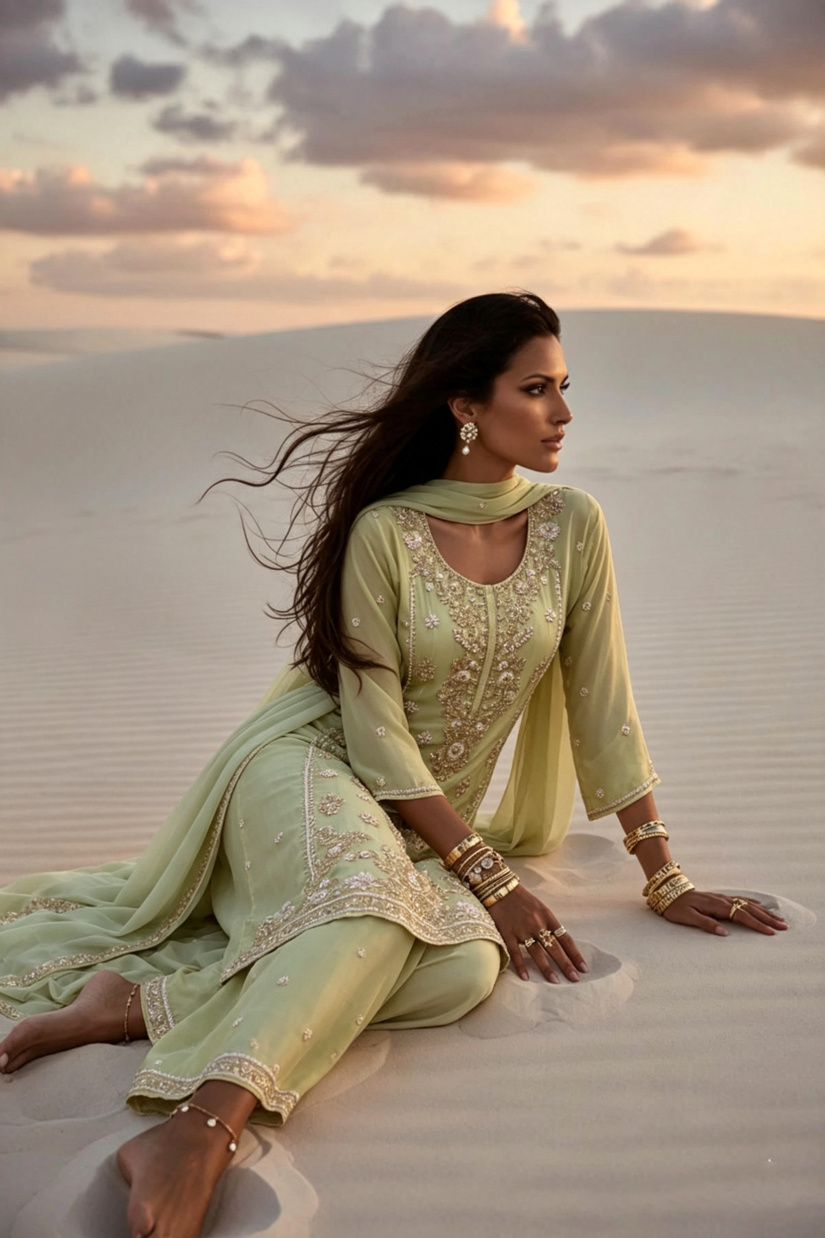 Diya Pistachio Green Silk Blend Hand embellished  Kurta Palazzo Set