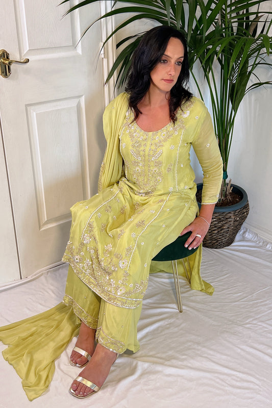 Diya Pistachio Green Silk Blend Hand embellished  Kurta Palazzo Set