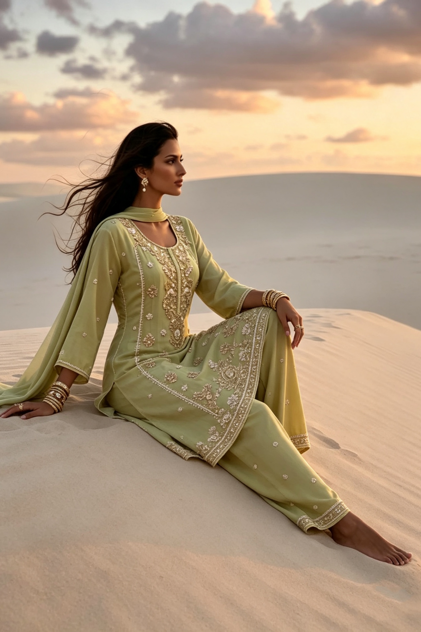 o Green Silk Blend Hand embellished  Kurta Palazzo Set AI sitting 2 pose 