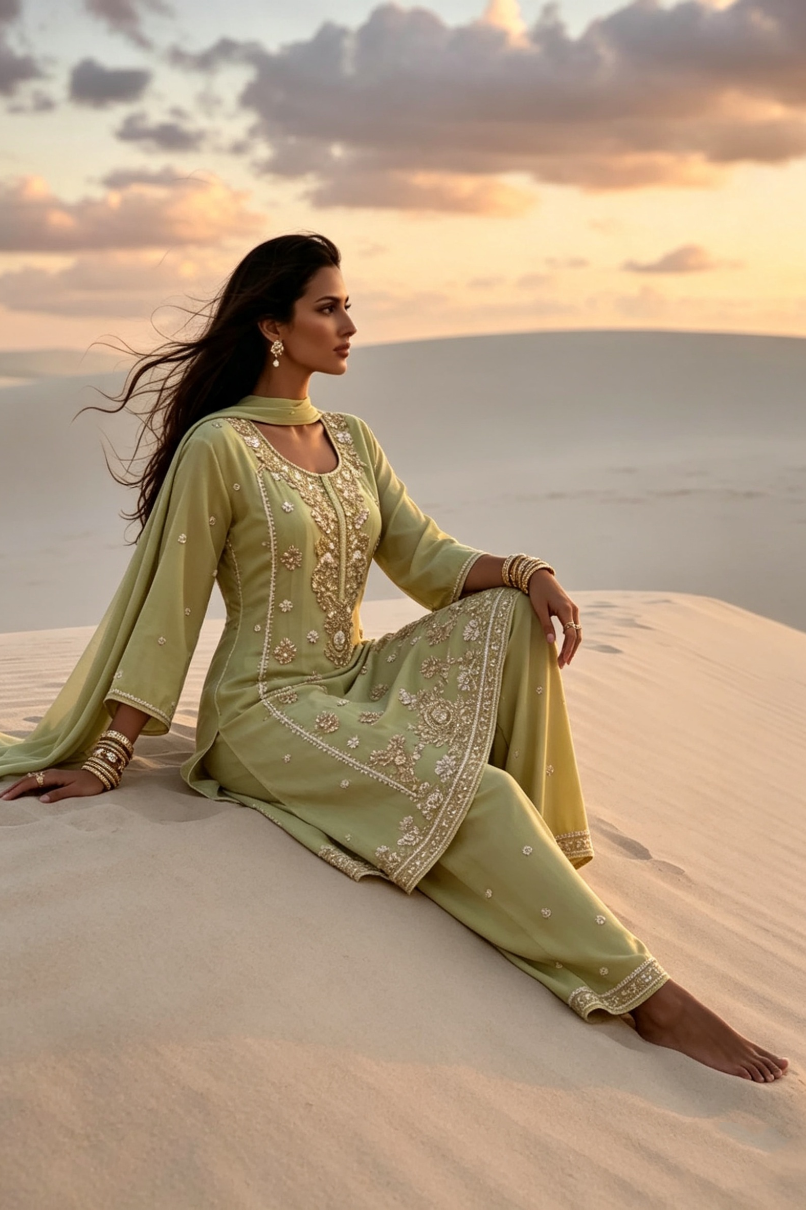o Green Silk Blend Hand embellished  Kurta Palazzo Set AI sitting 2 pose 