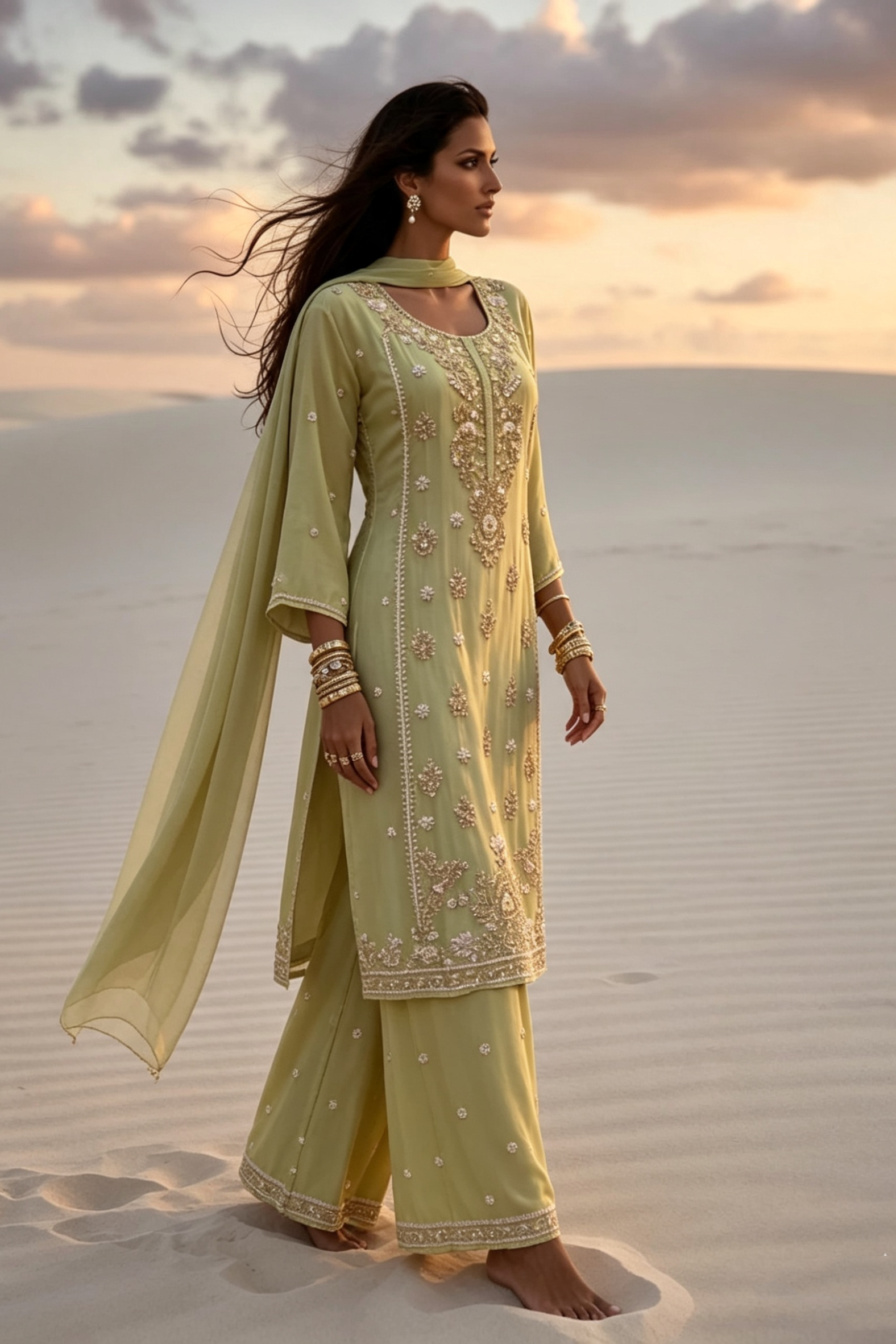 Diya Pistachio Green Silk Blend Hand embellished  Kurta Palazzo Set AI standing pose 