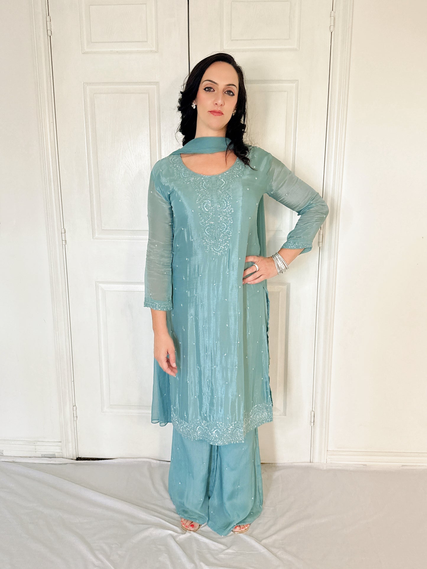 Aurelia Sea Green  Blend Embroidered Kurta Palazzo Set
