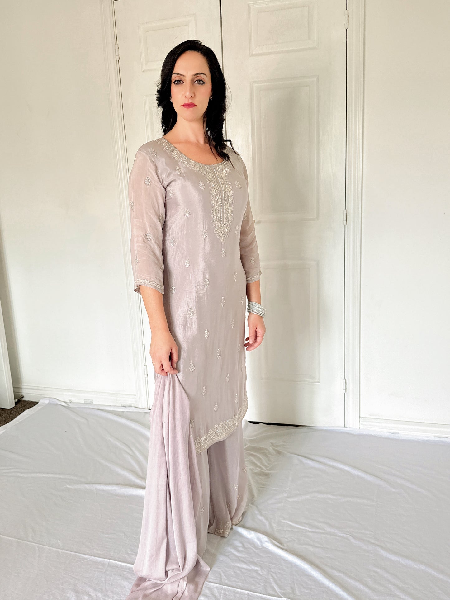 Amele Dusty Lilac Silk Blend Embroidered Kurta Palazzo Set